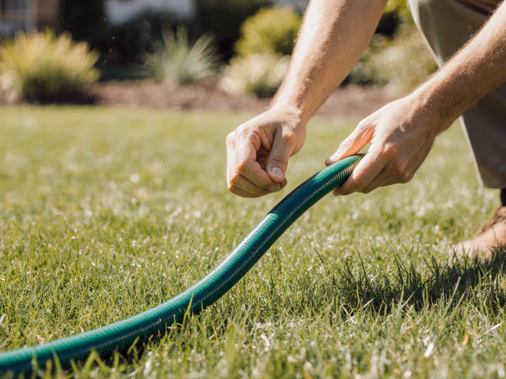 gardener_testing_hose_flexibility_on_lawn